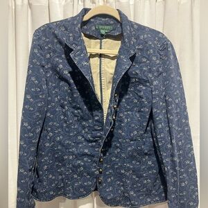 Lauren Ralph Lauren Navy Blue Floral Cotton Blazer Gold Details Size XLarge
